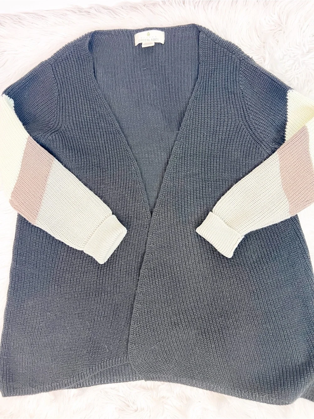 QUAGGA GREEN LABEL BLACK OFF-WHITE BROWN OPEN FRONT CARDIGAN SWEATER SZ LARGE